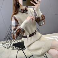 妍莉芬（yanlifen）春季套裝女2025新款時(shí)尚洋氣休閑氣質(zhì)中長(zhǎng)款針織馬甲連衣裙兩件裝 米色【兩】 L 106-115斤