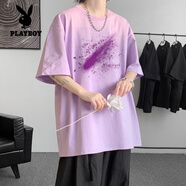 花花公子（PLAYBOY）300G純棉短袖T恤男重磅夏季寬松大碼半袖情侶體.恤美式打底衫潮牌 紫色 S