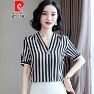 皮爾卡丹針織女士碎襯衫女中年媽l媽短袖夏天洋氣重磅仿真絲仿桑蠶絲針織 黑白條紋 M