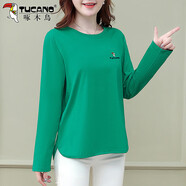 啄木鳥(niǎo)好棉T恤長(cháng)袖女春秋2026新款寬松韓版中年減齡休閑上衣T 綠色 M 建議80-95斤