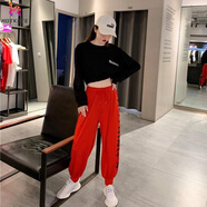 山森南獅爵士舞服裝女韓版上衣舞蹈服現代學(xué)生街舞套裝嘻哈寬松演出服 9059黑色上衣+703紅色褲子 L (建議 110~120斤)