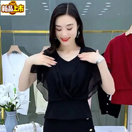 Sorrynam雪紡衫2024夏裝新款女裝短袖蝙蝠衫遮肚子顯瘦上衣垂感潮上衣 黑色 L 建議106-115斤