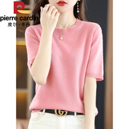 皮爾卡丹（pierre cardin）春秋圓領(lǐng)短袖羊|毛衫女寬松短款打底衫半袖針織衫薄款夏季毛衣女 皮粉色 M 95-110斤