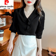 皮爾卡丹（pierre cardin）真絲短袖襯衫荷葉邊v領(lǐng)女夏季新款時(shí)尚襯衫洋氣質(zhì)桑蠶絲上衣顯瘦 黑色 2XL (125-140斤)