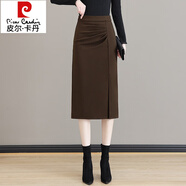 皮爾卡丹（pierre cardin）時(shí)尚毛呢半身裙女2024秋冬季新款高腰a字中長(zhǎng)款冬裙開(kāi)叉一步裙子 咖色毛呢 L 28
