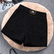 啄木鳥(niǎo)新款 松緊高腰雪尼爾短褲女秋冬季2025a字褲闊腿寬松顯瘦外穿靴褲 黑色 加絨 XL 【115-125斤】