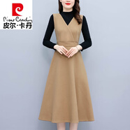 皮爾卡丹（pierre cardin）2023秋冬新款毛呢背帶套裝裙女氣質修身顯瘦毛衣馬甲連衣裙兩件裝 卡其 3XL