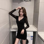 欲動(dòng)夜店女裝足浴會(huì )所新款深V低胸修身包臀短裙荷葉邊夜場(chǎng)性感連衣裙 黑色【長(cháng)袖9111款】 M (90-100斤)