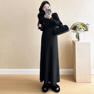 婧麒（JOYNCLEON）孕婦裝秋冬新款長(cháng)袖針織連衣裙女遮肚子顯瘦中長(cháng)款孕婦裙 黑色 M