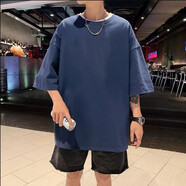 大魚(yú)界線(xiàn) 港風(fēng)T恤男純色短袖男女情侶裝夏裝上衣服男寬松大碼體恤打底衫男 深藍色 M（100-120斤）