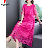 皮爾卡丹（pierre cardin）歐貨蕾絲連衣裙女中長款23夏季氣質(zhì)顯瘦刺繡歐根紗過膝a字長裙時(shí) 玫紅色 5XL