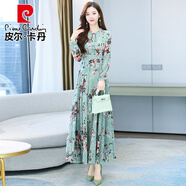 皮爾卡丹（pierre cardin）碎花連衣裙2025年春秋新款女裝氣質(zhì)仙女春秋長(cháng)*袖雪紡超仙長(cháng)款裙 5971綠色 M (95-105斤)