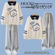 莞町初中生大童衣服13-15歲女加絨套裝12-15歲女孩衣服冬季加絨加厚 杏色上衣+K05#灰色褲 套裝 160 cm