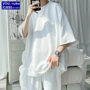 尤芮軻胖子大碼230斤華夫格白色t恤美式短袖男款半袖潮流夏季寬松大碼T 白色 2XL 145至160斤可穿