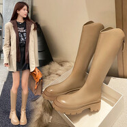 ZHR長(cháng)筒靴女冬季保暖圓頭顯腿長(cháng)不過(guò)膝靴子女便捷后拉鏈騎士靴INS百搭女靴 加絨可選 CQ03 奶茶色(單里) 38