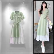 艾珠兒雪紡連衣裙夏季女裝顯瘦減齡法式小眾桔梗茶歇收腰氣質(zhì)長(cháng)裙子夏天 綠色裙 L