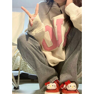 薩姆依  美式復(fù)古貼片字母刺繡圓領(lǐng)衛(wèi)衣女學(xué)生春秋薄款寬松ins潮bf慵懶風(fēng)oversize無帽上衣服 白灰色【春秋薄款】 L