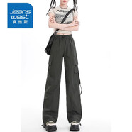 真維斯（Jeanswest）美式粉色工裝褲女秋冬新款潮流高腰寬松闊腿束腳休閑褲子女 軍綠色(長(zhǎng)褲) M