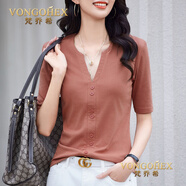 梵喬希品牌定制女裝短袖t恤女新款純色V領(lǐng)正肩紐扣休閑顯瘦上衣百搭半袖 磚紅色 XL