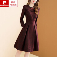 皮爾卡丹（pierre cardin）復(fù)古紅色長袖毛呢連衣裙女2023年冬季裝新款氣質(zhì)圓領(lǐng)修身顯瘦a字 紅色 S