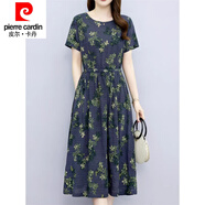 皮爾卡丹連衣裙棉質(zhì)綢長(cháng)裙夏季中長(cháng)新款女中年過(guò)膝碎花棉麻a字裙小個(gè)子女 藏青色 XL 【建議115-125斤】
