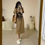 上流匯2025新款開叉短袖連衣裙夏季復古收腰顯瘦寬松中長款恤裙子女裝 咖色 M 【90-100斤拍】