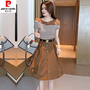 皮爾卡丹（pierre cardin）小個(gè)子時(shí)尚連衣裙女士洋氣中長(cháng)裙2023夏裝新款小黑裙氣質(zhì)收腰裙子 咖色條紋 M