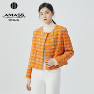 阿瑪施（AMASS）女裝新款圓領(lǐng)雙排扣氣質(zhì)小香風(fēng)花呢外套女5400837 活力橘 L (4碼)
