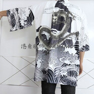 格瑞擇中式唐裝改良漢服中國風(fēng)男裝居男士披風(fēng)外套民族風(fēng)古裝夏長(cháng)袍衫 白色蒼龍長(cháng)款 均碼