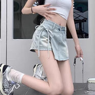 YAWULFE假兩件牛仔短褲女2024夏季新款A(yù)字高腰百搭辣妹不規(guī)則綁帶裙褲潮 淺藍(lán)色 L建議（105-115斤）