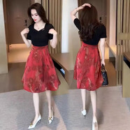 忻依美假兩件短袖連衣裙女氣質(zhì)拼接中長(cháng)裙2025夏季新款收腰顯瘦A字裙子 紅色 M 80-100斤