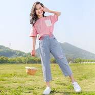 奧米鼠童裝女童套裝夏裝2021新款兒童中大童休閑短袖T恤9分牛仔褲兩件套夏天小女孩衣服3-15歲 粉色 150碼(建議身高1.4米左右)