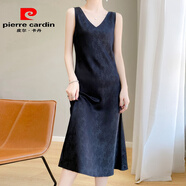 皮爾卡丹無(wú)袖連衣裙女國風(fēng)仿醋酸緞面提花氣質(zhì)V領(lǐng)收腰A字裙法式打底背心裙 黑色 XL 110-125斤