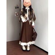 NRDCZ高個(gè)子女裝170-175套裝冬季大碼胖mm美拉德時(shí)尚甜美格紋斗篷針織 假兩件毛衣加半身裙 內(nèi)搭白色花邊裙 S【建議80-90斤】