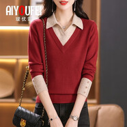 璦優(yōu)霏（aiyoufei）假兩件上衣女2024年秋裝新款薄款毛衣短款洋氣翻領(lǐng)拼接打底針織衫 453-101紅色 XXL建議125-135斤左右