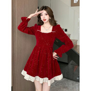 玉極虞紅色圣誕蓬蓬方領(lǐng)新年戰袍連衣裙秋冬新款顯瘦收腰女 主圖款 XL