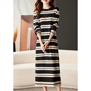 羅蒙（ROMON）針織連衣裙女2024秋冬新款內搭寬松條紋簡(jiǎn)約高品質(zhì)套頭長(cháng)款毛衣裙 黑色條紋長(cháng)裙 M 90-102斤