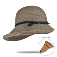 SOMUBAY赫本風(fēng)遮陽(yáng)草帽女復古可折疊盆帽漁夫帽子太陽(yáng)帽涼帽太陽(yáng)帽母親節 CM-324 灰咖色 可調節(56-58cm)