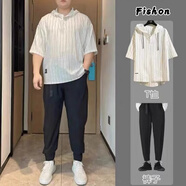 肆緘夏季240斤微胖男生顯瘦穿搭條紋短袖T恤寬松大碼半袖體恤搭配套裝 T111白色T恤+黑色褲子 2XL 建議155-175斤