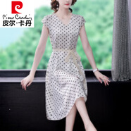 皮爾卡丹三醋酸緞面連衣裙夏女歐美高端大牌時(shí)尚波點(diǎn)真絲裙子年輕女士40歲 白色 L