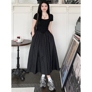 GOCHIEI微黑色赫本風(fēng)方領(lǐng)針織拼接連衣裙女收腰顯瘦短袖大擺裙子 黑色 L