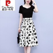 皮爾卡丹（pierre cardin）假兩件雪紡連衣裙女裝2025夏季新款時尚方領(lǐng)氣質(zhì)收腰印花拼接裙子 黑色 2XL 135-150斤