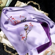 吳蠶里 真絲絲巾女士手工蘇繡梅花送媽媽外搭旗袍披肩刺繡圍巾禮盒裝 喜梅-淺紫色