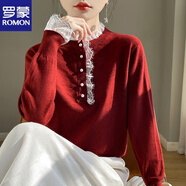 羅蒙（ROMON）2025秋冬新款法式小香風(fēng)加厚毛衣女蕾絲花邊半高領(lǐng)針織衫寬松內(nèi)搭 安可拉紅 2XL 135-160斤