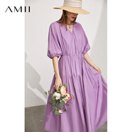 AMII女裝2025極簡(jiǎn)V領(lǐng)碎褶配緞面吊帶棉連衣裙夏季新款寬松裙 丁香紫 M 160/84A