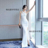 琪可朵（CHIC DOLL）姐妹團長(cháng)款晚禮服設計感氣質(zhì)包臀斜肩魚(yú)尾裙車(chē)模主持敬酒服長(cháng)裙 白色 L