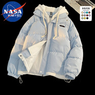 NASA MARVEL棉衣男棉服冬季外套棉襖子潮流假兩件連帽情侶面包服 淺藍 L