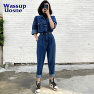 尚簡(jiǎn)紛 長(cháng)袖牛仔連體褲套裝女2025韓系新款顯高遮肉復古深色松緊腰連衣 圖片色 M