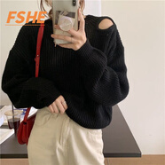 FSHE韓版慵懶風(fēng)露肩針織衫長(zhǎng)袖個(gè)性毛衣女潮小心機(jī)鏤空設(shè)計(jì)感秋冬短款 黑色 S