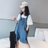 瀟瀟木魚子女童背帶褲夏季新款中大童寬松韓版洋氣牛仔休閑闊腿短褲五分褲潮 黑扣子背帶短褲 24碼(建議身高130cm)